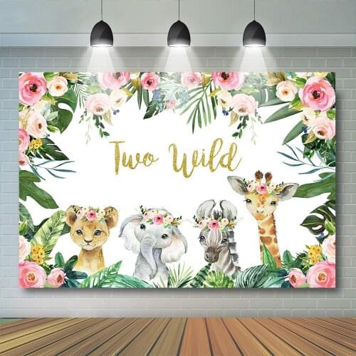 Girl Two Wild Backdrop Jungle Animals Background Boy Animals Cake Smash Birthday Green Leaves Safari Kids Party Banner Studio