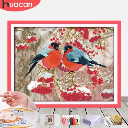 HUACAN Embroidery Bullfinch Chinese Cross Stitch Kits Ecological Cotton White Canvas Love Christmas 14CT
