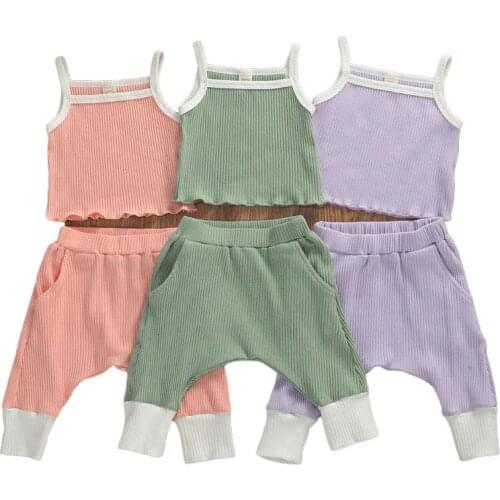 Newborn Baby Girl Summer Clothes Outfits Sleeveless Halter Tank Cami Top Harem Pants Solid Ribbed Clothing Set 0-3 Years