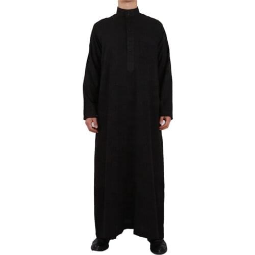 Men Qatar Muslim Moroccan Islamic Style Black Cotton Linen Long-Sleeved Stand-Up Collar Plus Size Arabian Robe Men Worship Robe
