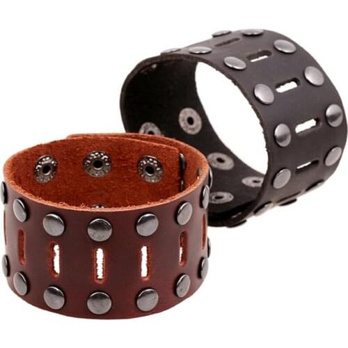 Fashion Punk Men Wide Genuine Leather Cuff Bracelet Alloy Black Rivets Charms Wristbands Bangle Wrap Vintage Hiphop Rock Jewelry