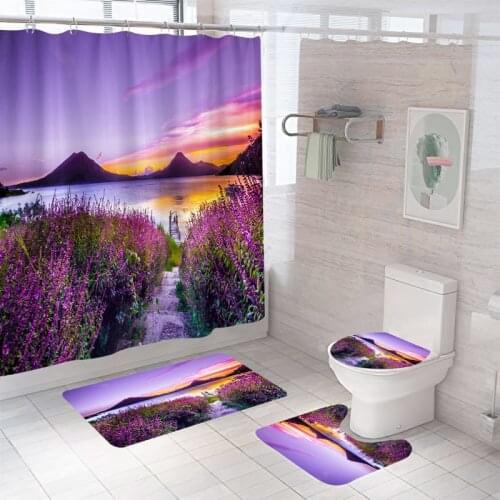 Waterproof Bathroom Shower Curtain Set with 12 Hooks Toilet Seat Bath Mats and Rugs Non-slip Carpet Toilet Covers Polyester