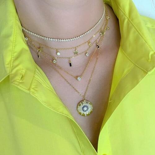 2021 spring new round coin disco pendant necklace engraved turkish black evil eye lucky charm link chain necklace for women