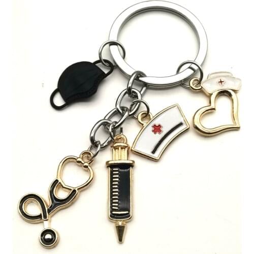 New Design Black Keychain Doctor Medical Tool Stethoscope Syringe Face Mask Key Ring Nurse Medical Gift Souvenir