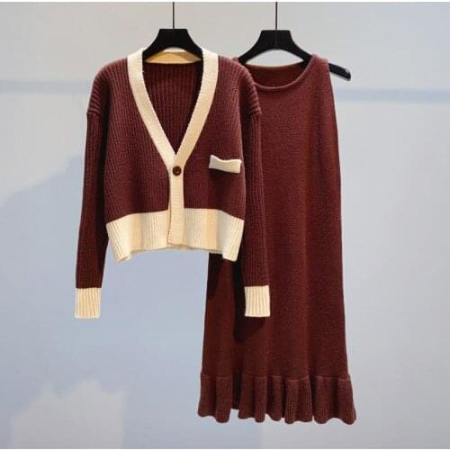 Autumn Winter Women Two Pieces V-Neck Knitted Sweaters Women Cardigan Coat Sweater Cardigan and Sleeveless Sweater Dress Hk218
