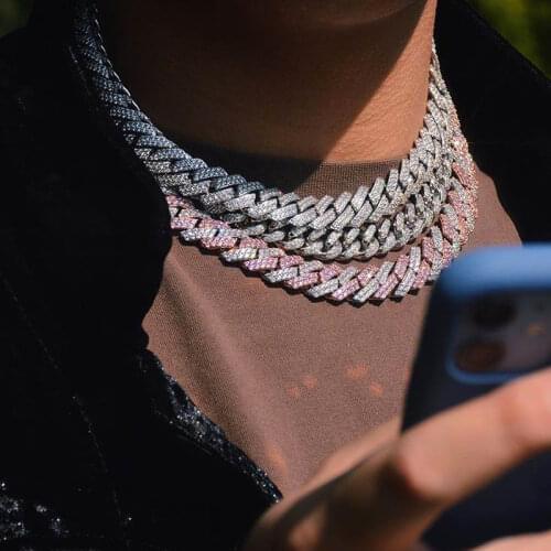 15mm iced out wide Miami cuban link chain two tone pink White cubic zirconia choker necklace hip hop necklace women men jewelry