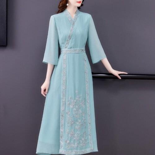 Chinese Style Embroidery Improved Cheongsam Hanfu Dress 2021 Spring Summer New Literary Zen Retro Slim Long Dress Women zh1560