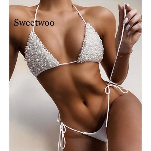 Sexy Pearl bikinis 2020 Triangle swimsuit female Thong swimwear women String bathing suit Halter swimming suit