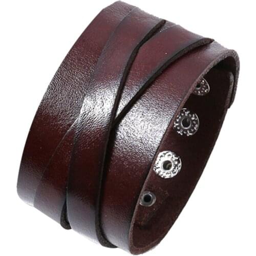 Wide Wrap Layer Bangle Brown Genuine Leather Material Punk Men Bracelet Jewelry Geometric Cuff Jewelry Pulsera Hombre