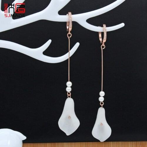 SJMADE Fashion Vintage Japanese South Korean Long Flower Earrings 585 Rose Gold Jades Crystal Eardrop Women Wedding Jewelry Gift