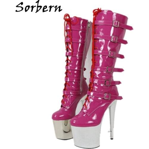 Sorbern Silver 20Cm Heels Boots Pole Dance Knee High Stripper Heels Shiny Drag Queen Boot Custom Wide Slim Fit Calf Boot
