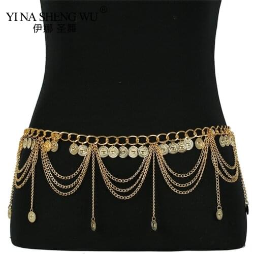 Vintage Gypsy Metal Dangle Waist Belt Chain Carved Coin Pendant Long Tassel Harness Belly Chains Women Body Accessories Jewelry
