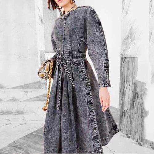 Vintage Spring 2021 New Fashion O-neck Bubble Sleeve Sashes Double Breasted Mid-Length Splicing Denim Dress Cc47