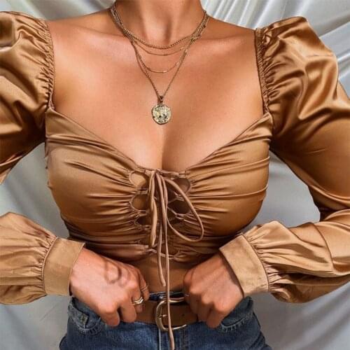 Champagne Gold Bandage Blouse Women Long Slush Lantern Sleeve Chest Adjustable Lace Up Straps Crop Tops Female Shirt