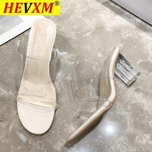 Transparent PU Beige High Heels Women New Summer Shoes Women Fashion Concise Hollow Slip-On Open Toe Casual Female Shoes