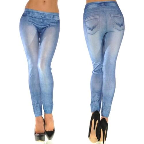 Women Vintage Wash Color Denim Print Leggings Low Rise Stretchy Pencil Pants Seamless Ankle Length Skinny Fake Jeans