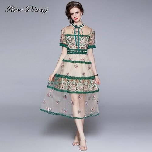 Runway Designer Flower Embroidery Sequined Mesh Lace Dress 2021 Summer Women Short Sleeve Layer Cake Long Party Wedding Dress