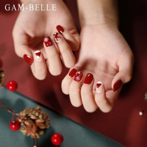 GAM-BELLE 24Pcs Artificial Short Press On Nails Elk Snowman Snowflake Pattern Detachable False Nails Decoration Manicure Tools