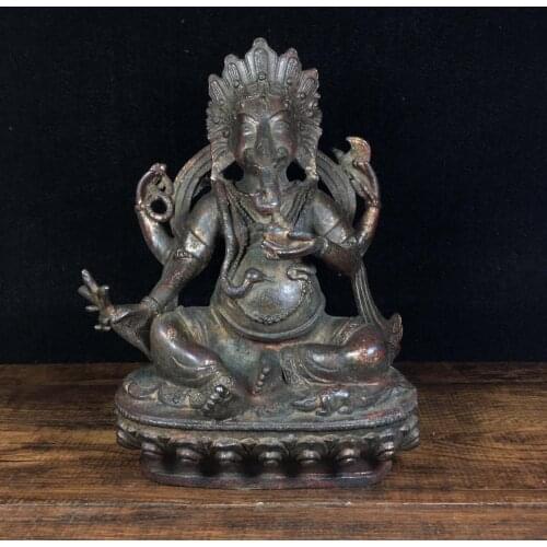 7" Tibet Buddhism Temple Old bronze Cinnabars Elephant Trunk God of Wealth Buddha Statue Elephant head Human statue Ganesha