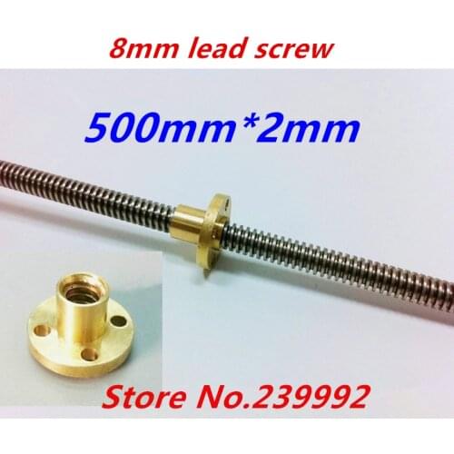 Free shipping RepRap 3D Printer THSL-500-8D T-type stepper motor Lead Screw Dia 8MM lead 2mm Length 500mm with Copper Nut