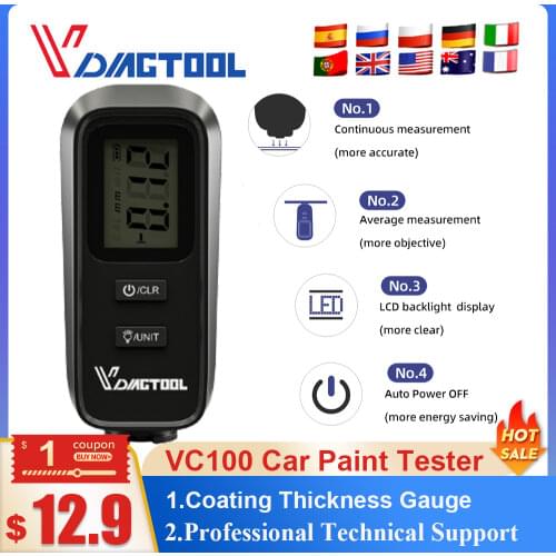 VDIAGTOOL VC100 OBD2 Digital Backlight LCD Film Thickness Meter Car Paint Thickness Tester Coating Thickness Gauge best YNB-100