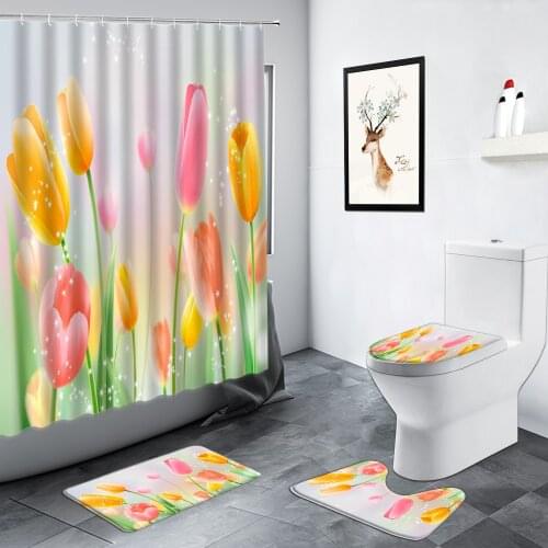 Color Tulip Shower Curtain Sunflower Rose Flowers Butterfly Pattern Flannel Bath Rug Non-slip Mat Toilet Mats Bathroom Decor Set