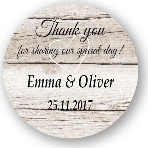 DouxArt 100 pcs Custom Personalized, Wedding Stickers - Thank You for sharing, 40mm Wooden Wedding Baptism Event Labels P077