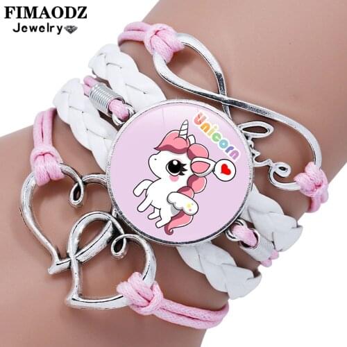 FIMAODZ Cartoon Unicorn Leather Bracelet Girls Kids Horse Photo Handmade Exquisite Charm Bracelets Birthday Party Gift Jewelry