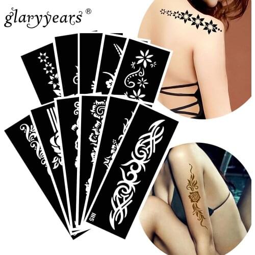 Glaryyears 11 Pieces/Set Henna Tattoo Stencil Hot Lace Pattern Paste Drawing Lady Sexy Body Art Tattoo Stencil Waterproof HN#64