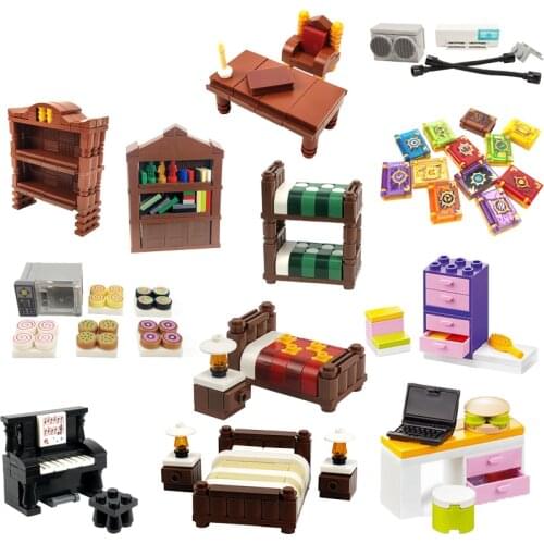 City Building Blocks Piano Drawer Computer Makeup Desk Oven Food Set Bed Books Bookshelf Set Friends Toys For Children MOC Citys