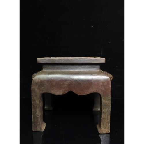 6"Tibet temple collection Old Bronze Cinnabar Lacquer Four-legged incense burner Lion head Furnace tripod Town House Exorcism