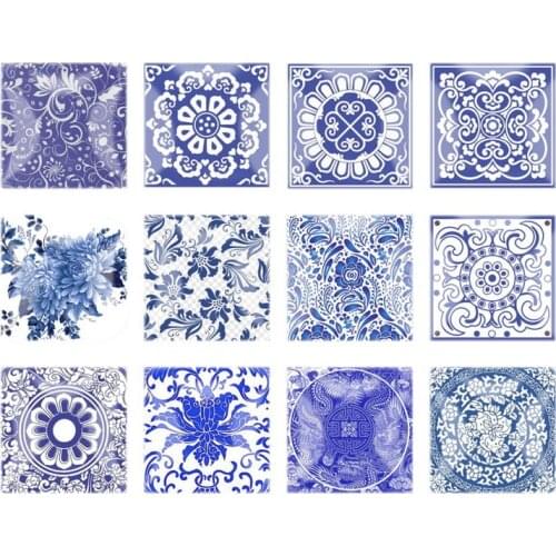 12mm 20mm 25mm Square Cabochon Glass Blue Flowers Dome Mixed Handmade Print Image Fewelry Findings For Pendants Necklace DIY