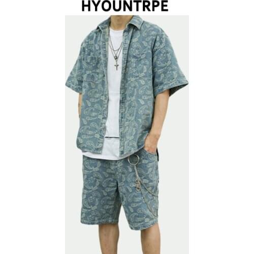 2 Pieces Sets Mens Fashion Embroidery Single Breasted Denim Jeans Shirts and Straight Zipper Shorts Joggers Streetwear Sets