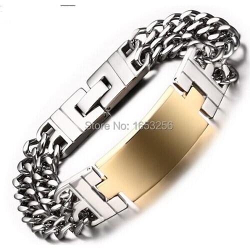 Mens Gold ID Bracelet Stainless steel 2 Row Chain Link Bracelet jewelry 18mm 8.85'' Holiday Gifts