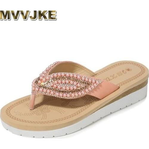 MVVJKE Summer 2020 beach slippers women new fashion pearl leaves women sandals casual non-slip thongs sandalia feminina