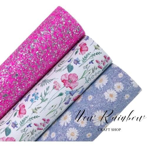 NewRainbow 30X22cm A4 Bow Leatherette Sheets Beautiful Flowers Pattern Litchi Faux Leather, Neon Chunky Glitter Fabric Craft DIY