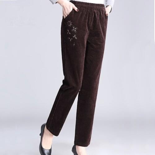 New Spring and autumn women Elastic waist embroidery Corduroy pants trousers plus size 4xl high elastic waist straight pants