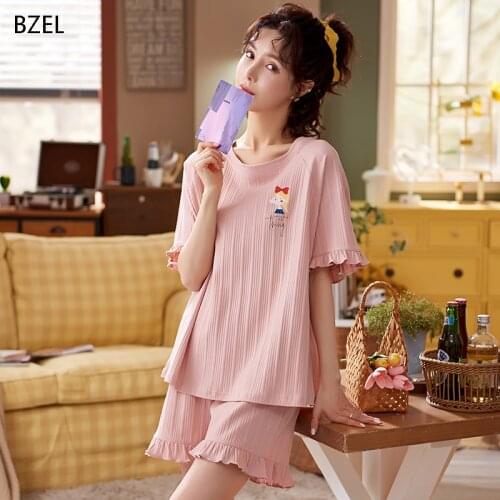 Cartoon Printed Pajamas Summer Cotton Womens Pyjama Sets Soft Sweet Pijamas Cute Loose Sleepwear Casual Plus Size Homewear