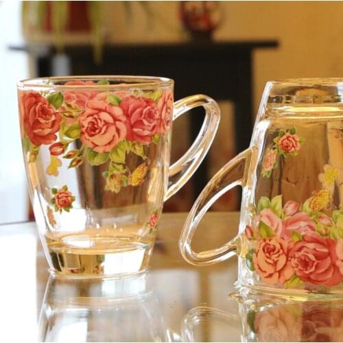 8.5x10cm pink rose pattern transparent thickened Heat-resistant glass cup cold water glass juice cup tea cup handle beer cup