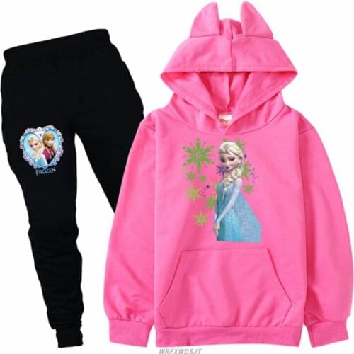 Frozen Elsa Girls Leisure Wear Suit Spring Active girls clothes Girls Children Clothing Cartoon Print Sweatshirts+Trousers Suit
