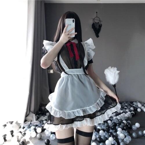 Sexy Women Maid Costume See Through Mesh Erotic Apron Uniform Temptation Dress Sex Lingerie Cute Maid Perspective Costume