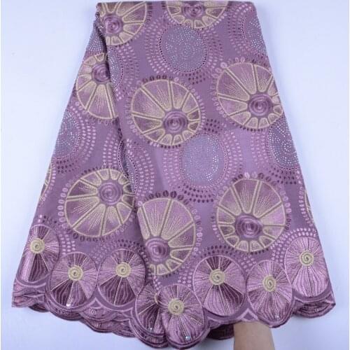 Lilac Color African Dry Lace Fabric Swiss Voile With Stones High Quality Nigeria Cotton Lace Fabrics For Christmas Party S1450