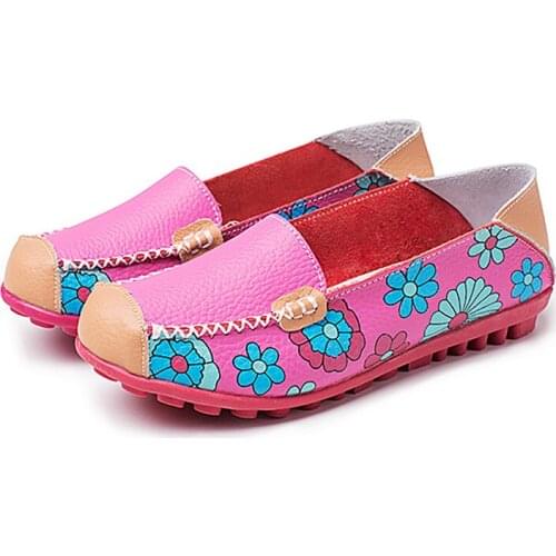 High Quality Genuine Leather Women Flats Boat Shoes Comfortable Soft Gommino Flats Fashion Flowers Printing Flat Slip On Shoes