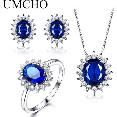 UMCHO 925 Sterling Silver Jewelry Set Nano Blue Sapphire Ring Pendant Stud Earrings For Women Brand Fine Jewelry Top Quality