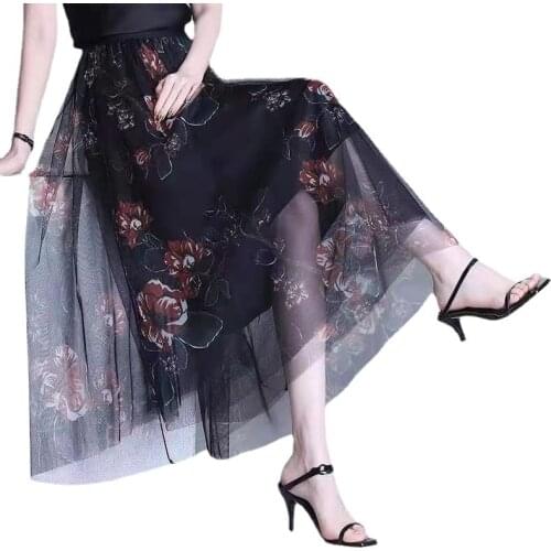 Womens Skirt Summer Mesh Double-Layer Printing Mid-Length Elastic And Fairy Temperament Commuter Long Skirt Black Skirt 2021