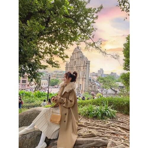 Khaki windbreaker jacket female autumn and winter long section fur collar loose knee coat