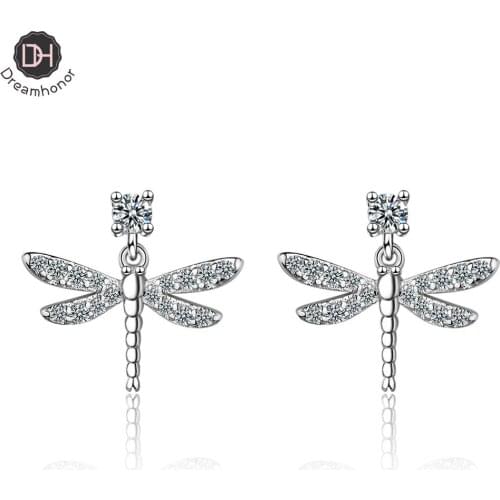 Dreamhonor New Trendy Fashion 925 Sterling Silver Zirconia Dragonfly Stud Earrings Jewelry Accessories Sweet Design