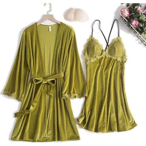 Sexy Women Robe With Nightgown Set Velvet Casual 2PCS Kimono Bathrobe Gown V-Neck Sleepwear Autumn Home Clothes Soft Lingerie