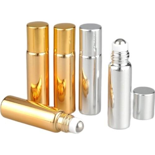 10pcs UV Glass Gold Silver Roll on Ball Small Portable Essential Oil Bottle With Stainless Steel Roller Ball 5ml 5g 10ml 10g