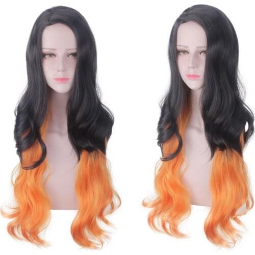 100cm Demon Slayer Kimetsu no Yaiba Kamado Nezuko Black Orange Ombre Wig Cosplay Costume Synthetic Long Wavy Halloween Hair